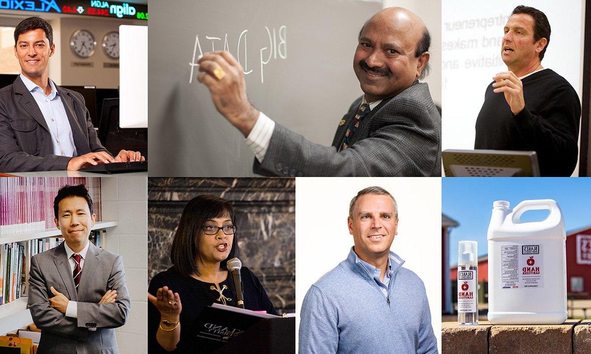 Photo collage, top row man speaking, smiling man writing on bblackboard, man at computer. Second row bottle of Blake Farms hand sanitizer, headshot male, woman at lecturn, man in front of bookcase.